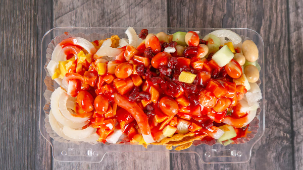 Tostitos with cured pork skin, jicama, mango, cucumber, lime, tamarind, chamoy & Tajín!